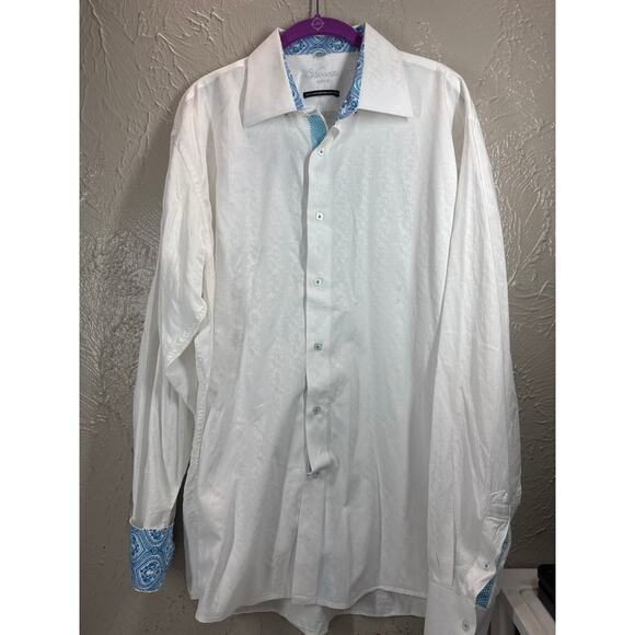 Visconti Uomo Mens White Paisley Flip Cuff Textured 2 Ply Cotton Dress Shirt XL - Picture 1 of 5